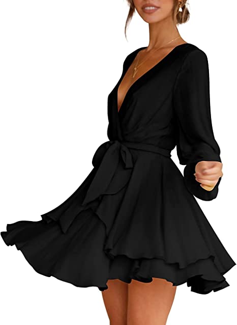 Cosonsen Women's Dress Deep V-Neck Long Sleeve Waist Tie Ruffle Mini Swing Skater Dresses