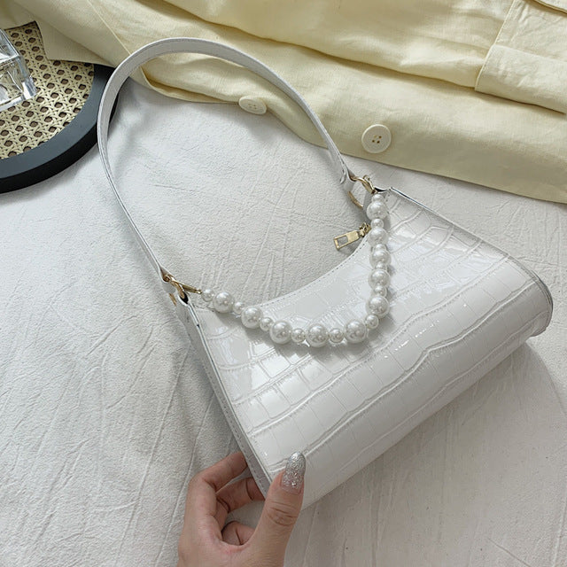 Armpit Bag Women Retro Handbag PU Leather Underarm Shoulder Bag Fashion Pearl Top Handle Bag Female Small Subaxillary Bag Clutch