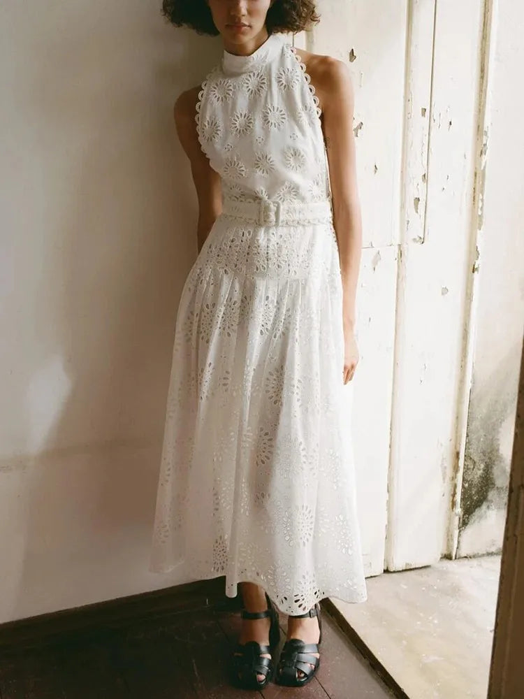 Women's Waisted Hollow Up Mirror Dress Embroidery Beach Style Long Dress Tide High Neck Street Rustic Sweet White Dresses