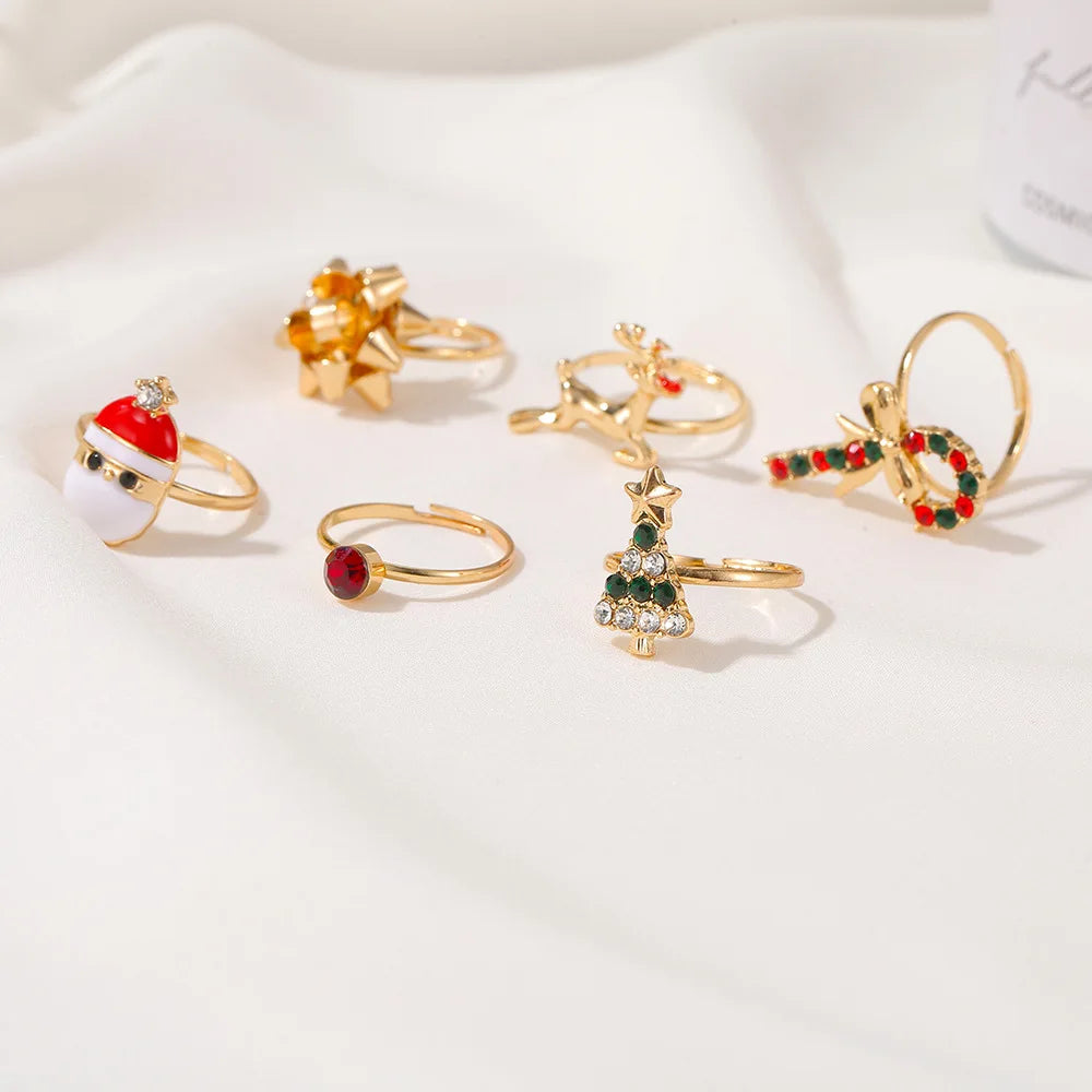 6Pcs/Set New Christmas Elk Santa Ring For Women Fashion Cute Gold Color Drip Glaze Adjustable Finger  Holiday Party Jewelry