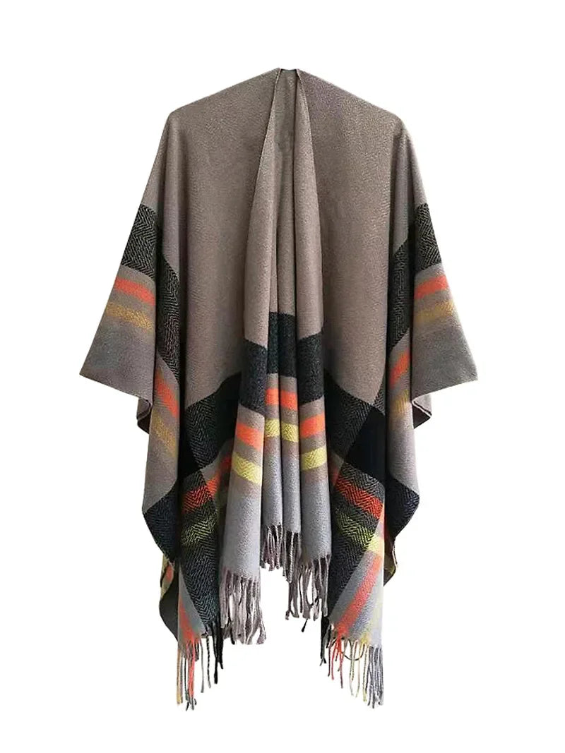 Imitation Cashmere Women Spring Autumn Double sided Plaid Split Shawl Warm Fashionable Street Poncho Lady Capes Khaki Cloaks