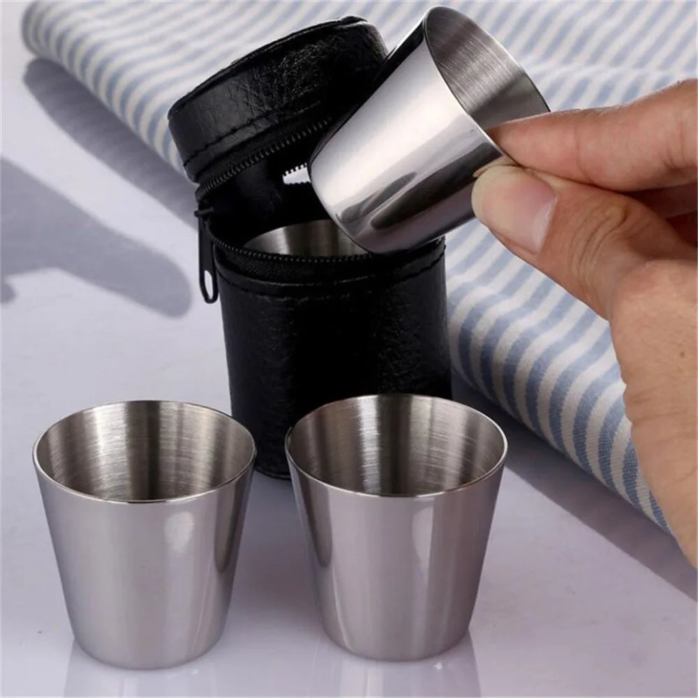 &4Pcs/set Polished 30ML Mini Stainless Steel Shot Glass Cup Wine Drinking Glasses With Leather Cover Bag For Home Kitchen Bar