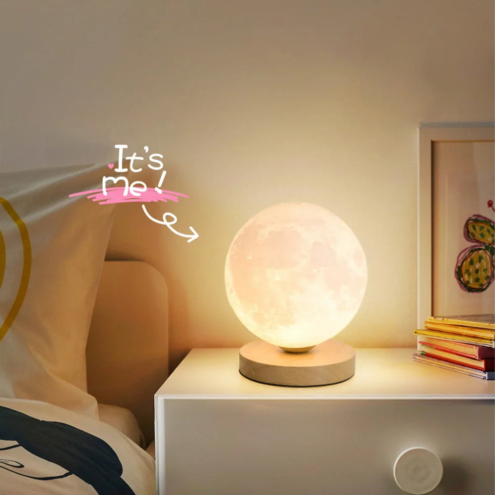 Levitating Moon Magnetic Floating Night Light, Creative Table 3D Printed LED Lamp with Wooden Base for Gift Office Bedroom Home