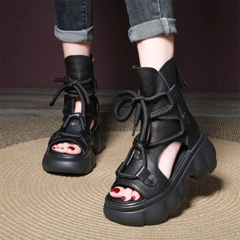 Genuine PU Leather Zip Retro Shoes Women Sandals 2024 New Ankle Boots Summer Handmade Hollow-out Lace-up Casual Platform Sandals