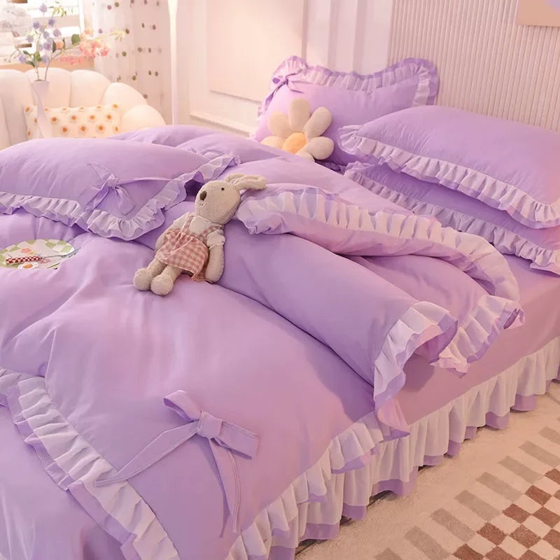 Purple Bedding Sets Kawaii Seersucker Bed Sheet Pillowcase Fashion Girl Princess Duvet Cover 4 Pieces Cute Home Decoration