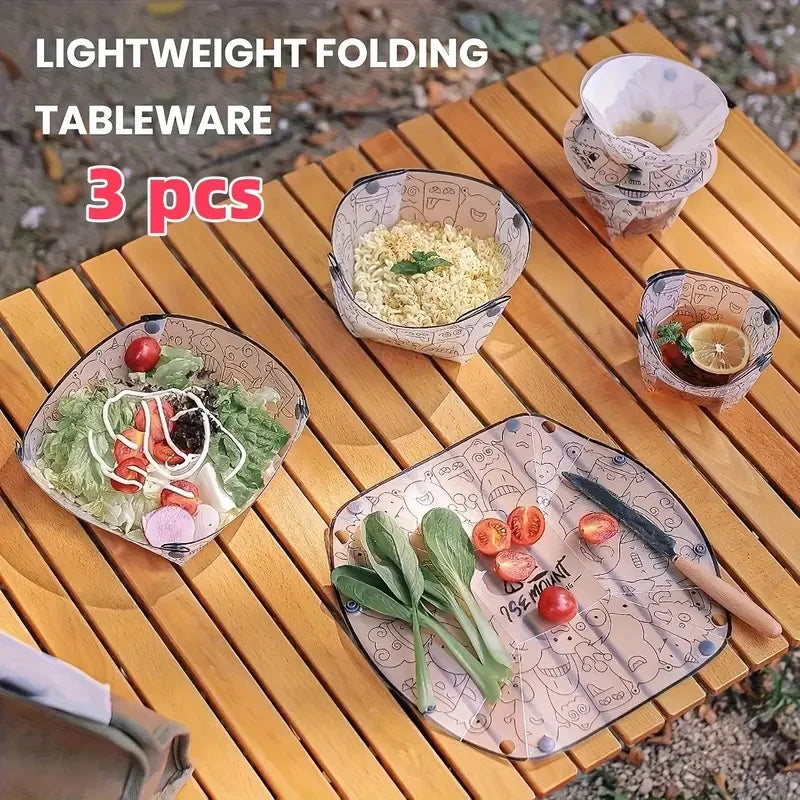 3pcs Foldable Bowls Cups & Plates Set, Food-Safe PP Material Portable Tableware for Camping, Travel, Picnics. Outdoor Essentials