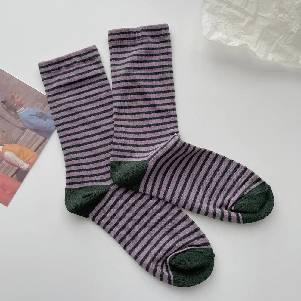 Retro Striped Socks Children's Women Medium Tube Socks Spring and Autumn Cotton Stockings Korean Stockings Japanese Socken