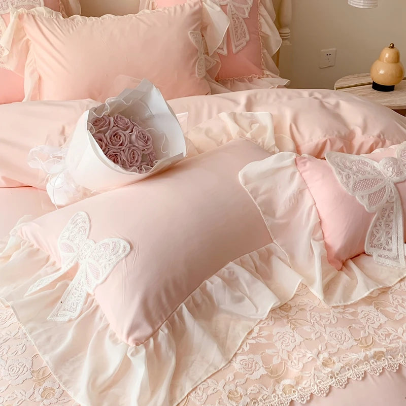 Princess Bedding Set Coquette Lace Bow  Beauty Solid Color Lace Ruffle Comforter Sets Luxury Girls Wedding  Duvet Cover