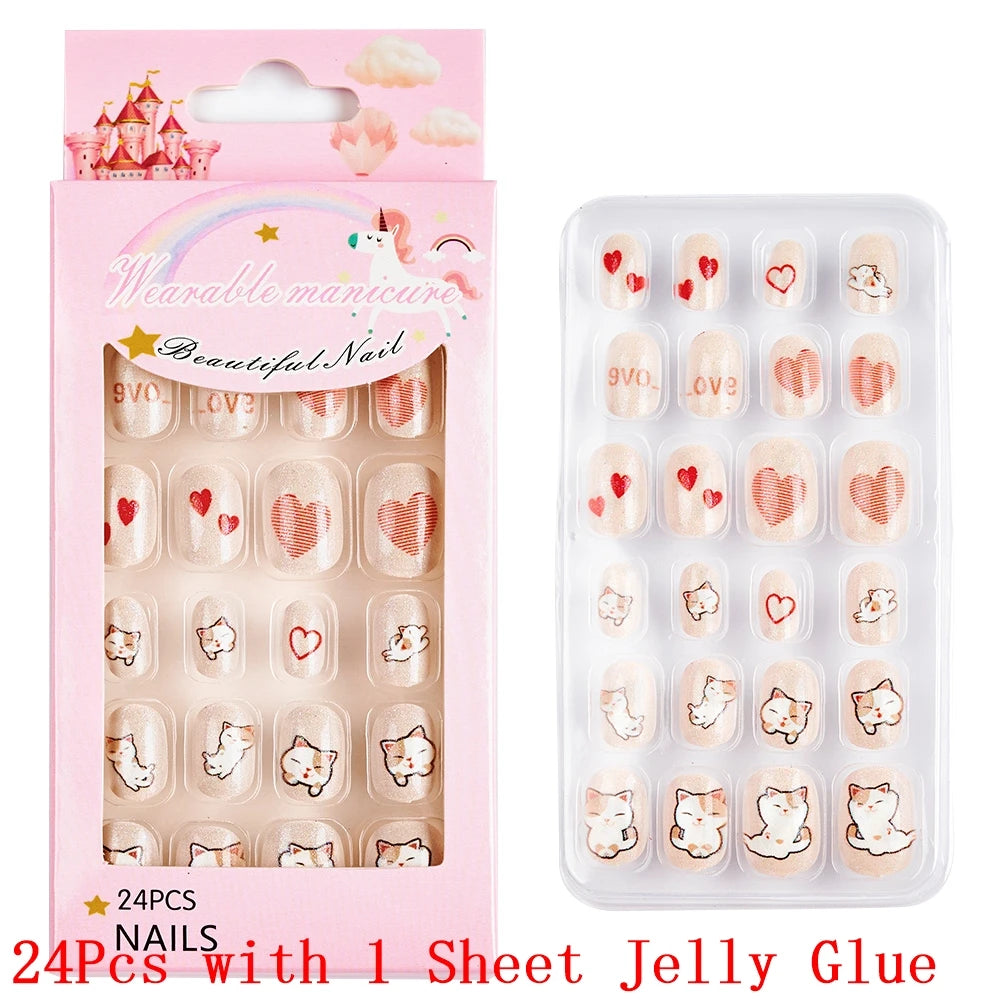 12pcs/Box Children Acrylic Fake Nails Safe Non-Toxic Adhesive Fake Nail DIY Artificial Fingernails for Girls Children's Day Gift