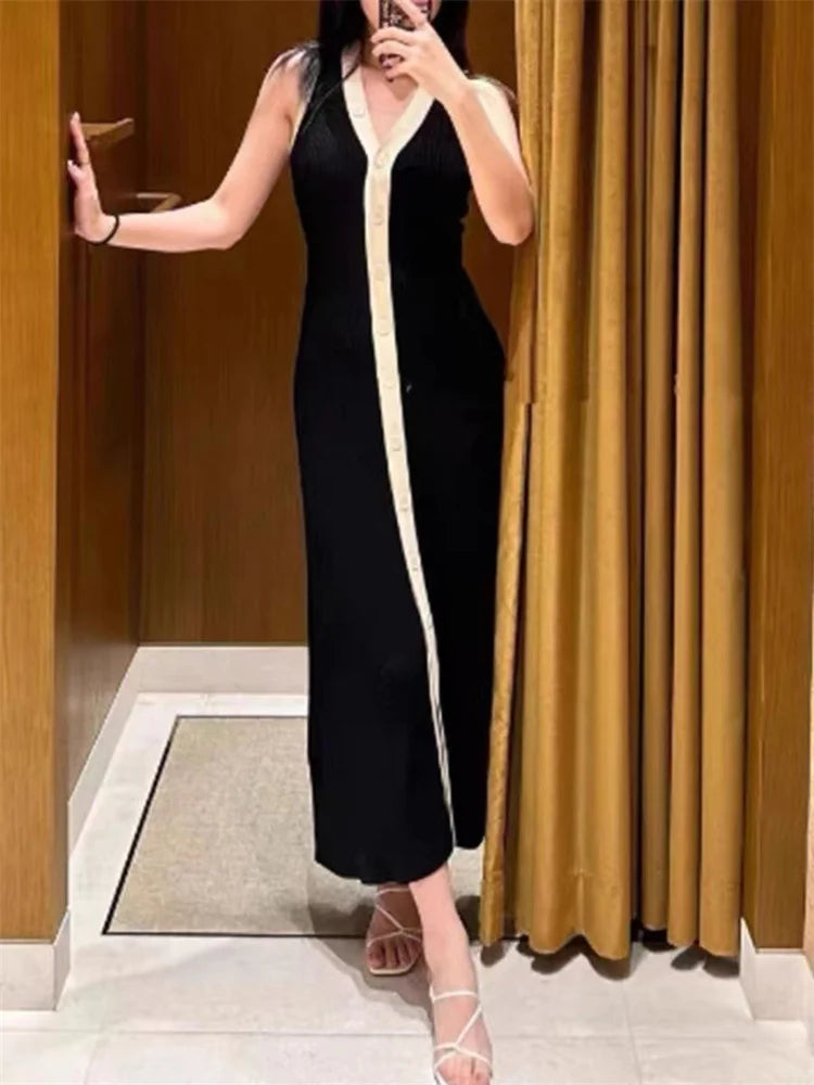 Women Slim Mid-Length Dress Contrast Color V-Neck Spring Summer 2024 New Ladies Sleeveless Single Breasted Temperament Robe