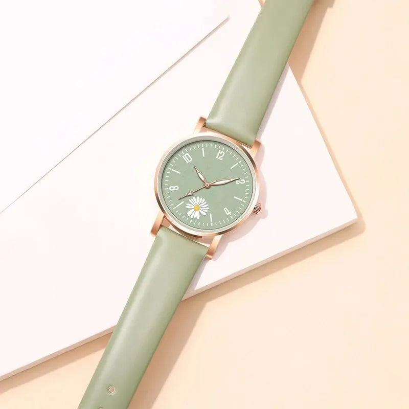 2PC Set Small Daisies Bracelet Watch Women Fashion Casual Leather Watches Simple Ladies Small Dial Quartz Wristwatch Reloj Mujer