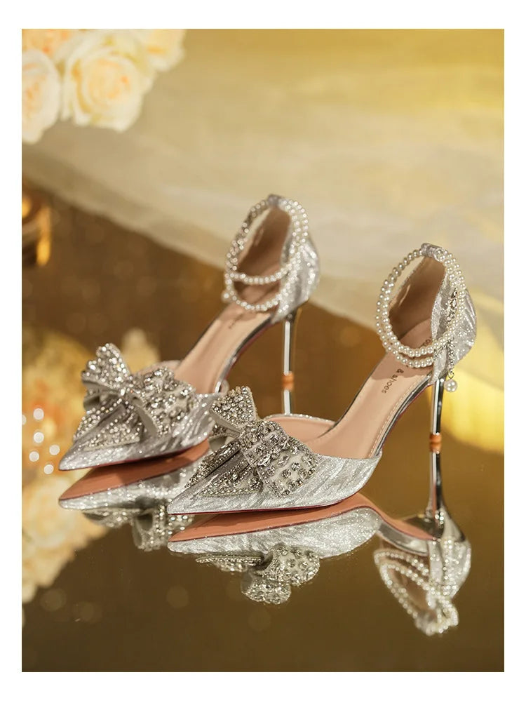 Summer Fashion Pointed Toe Sandals Women's Rhinestone Pearl Butterfly Gold Silver High Heels Party Wedding Plus Size Shoes