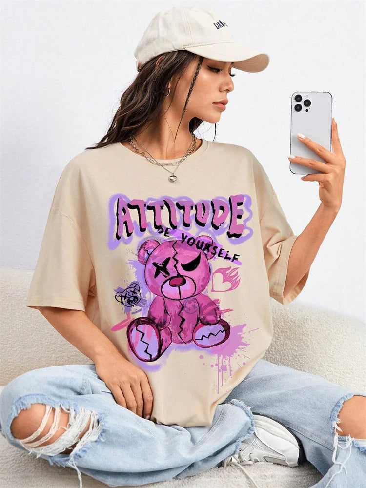 Cartoon Letter Bear Print Tshirt Women's Casual Simple Short Sleeve Round Neck T-Shirt Oversized Loose Cotton Tops Women Tshirt