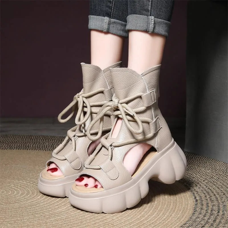 Genuine PU Leather Zip Retro Shoes Women Sandals 2024 New Ankle Boots Summer Handmade Hollow-out Lace-up Casual Platform Sandals