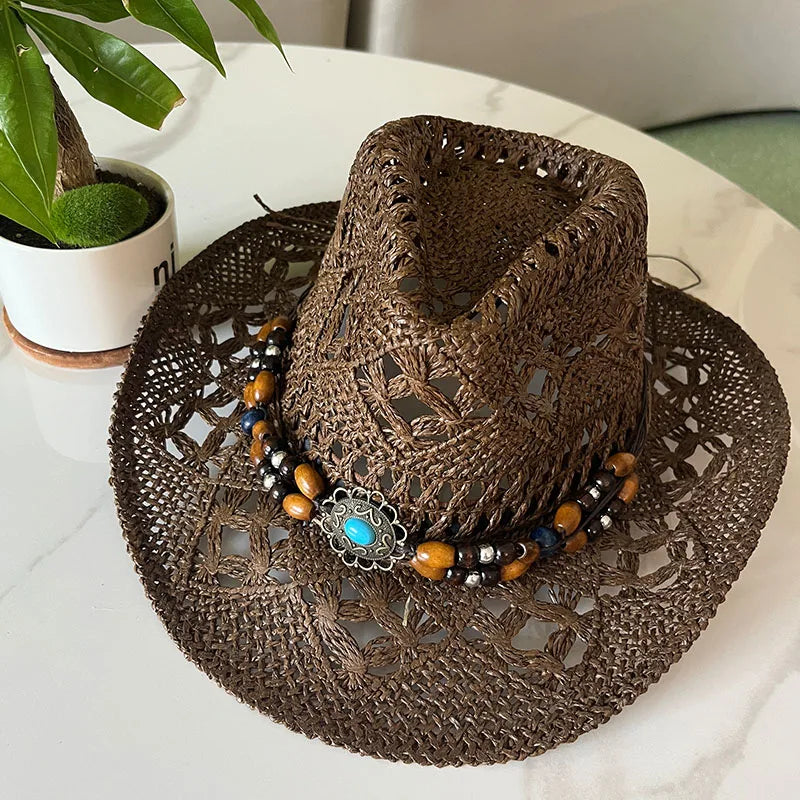 Straw Hat  Women Men Summer Handmade  Vintage Hollow Western  brim Sun Protection Fisherman Mountaineering Bohemian Chain Jewel