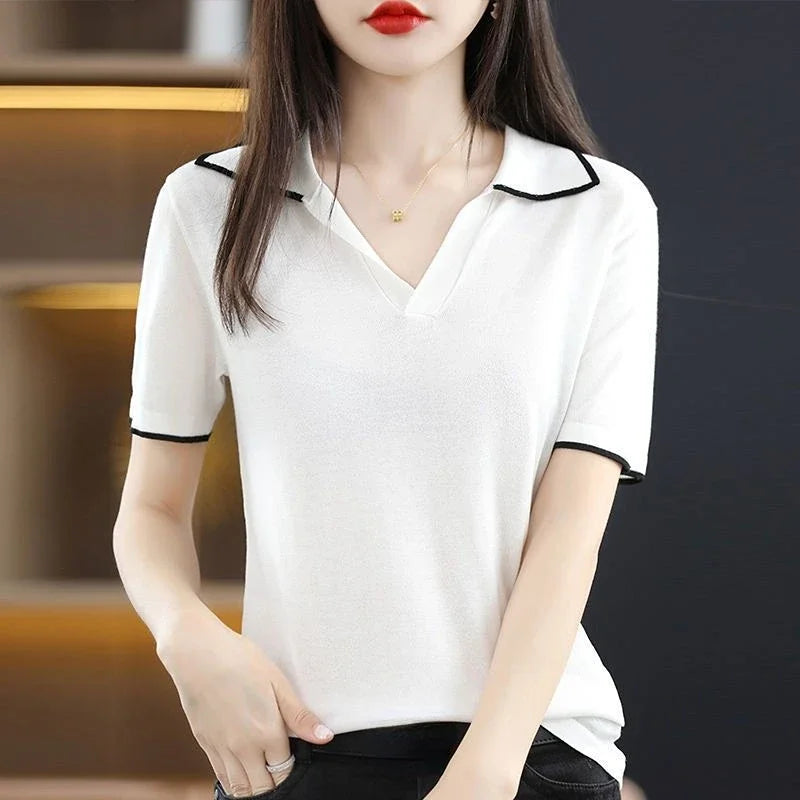 Women's T Shirts Polo Neck Shirt White Plain Knit Short Sleeve Tee Clothes Top Polyester Cotton Synthetic Summer 2024 Trend New