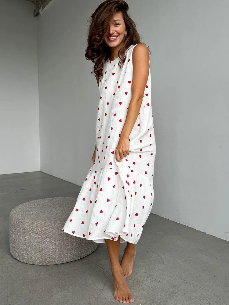 Hiloc Love Print Cotton Pajamas Dress Mid-Calf Women's Night Peignoir O Neck Sleeveless Night Gown Spring 2024 Elegant Dresses