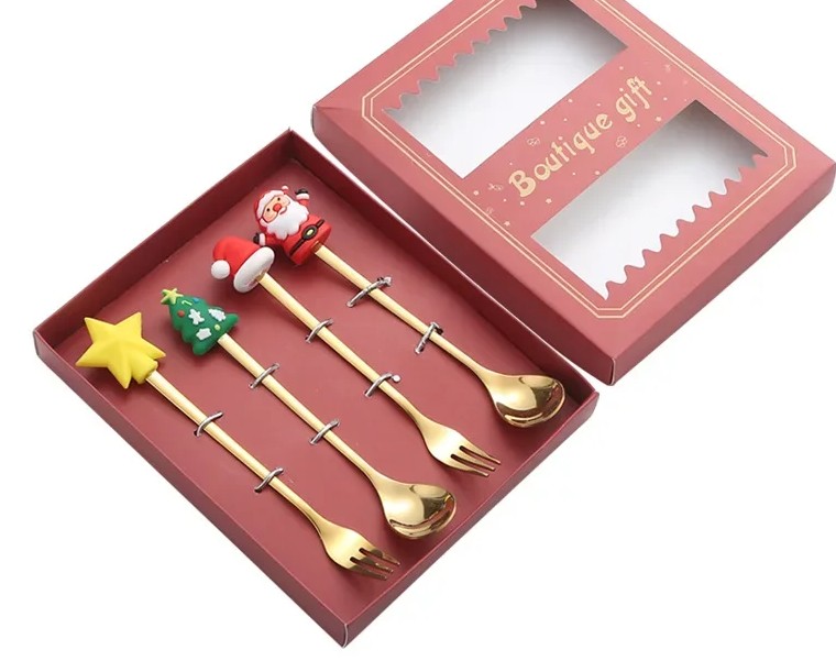 Kreativer Weihnachtsbaum-Kaffeerührlöffel aus Edelstahl, Dessert- und Obstgabel, Figurenlöffel und -gabel, Besteck-Geschenkset