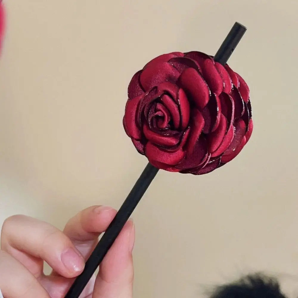 Simulated Flowers Wooden Hair Stick Wine Red Hair Sticks for Buns Hanfu Hairpin Headwear Hair Chopstick Rose Flower Hair Clip