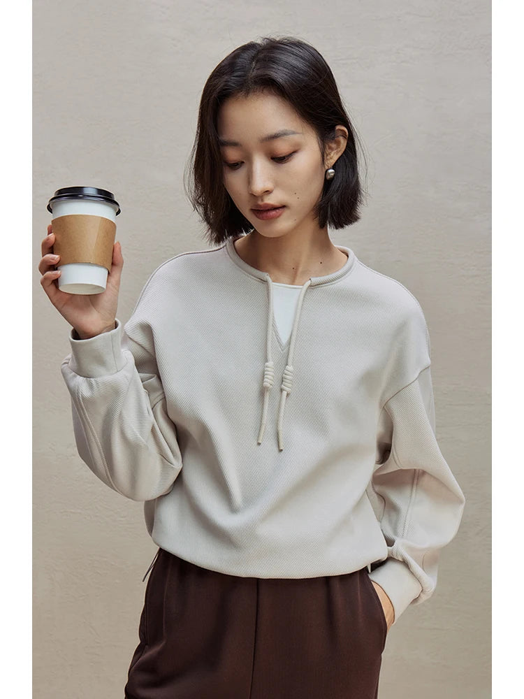 Simple Loose Round Neck Cotton Sweatshirt for Women Autumn and Winter New Short Top Pullover Female