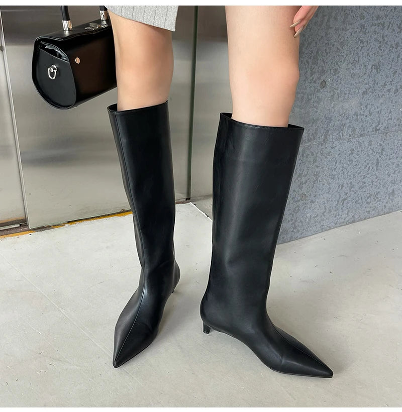 Autumn Winter Cosy Pointed Toe Woman Knee-High Boots Slip-On Low Thin Heels Cowboy Ladies Shoes Botas