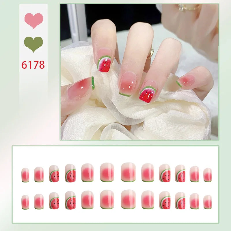 24Pcs/Box Cute Watermelon Women Girls Nail Art Fake Nails Acrylic Cute Kawaii Short  Square Jelly Press-On Nails Medium Summer