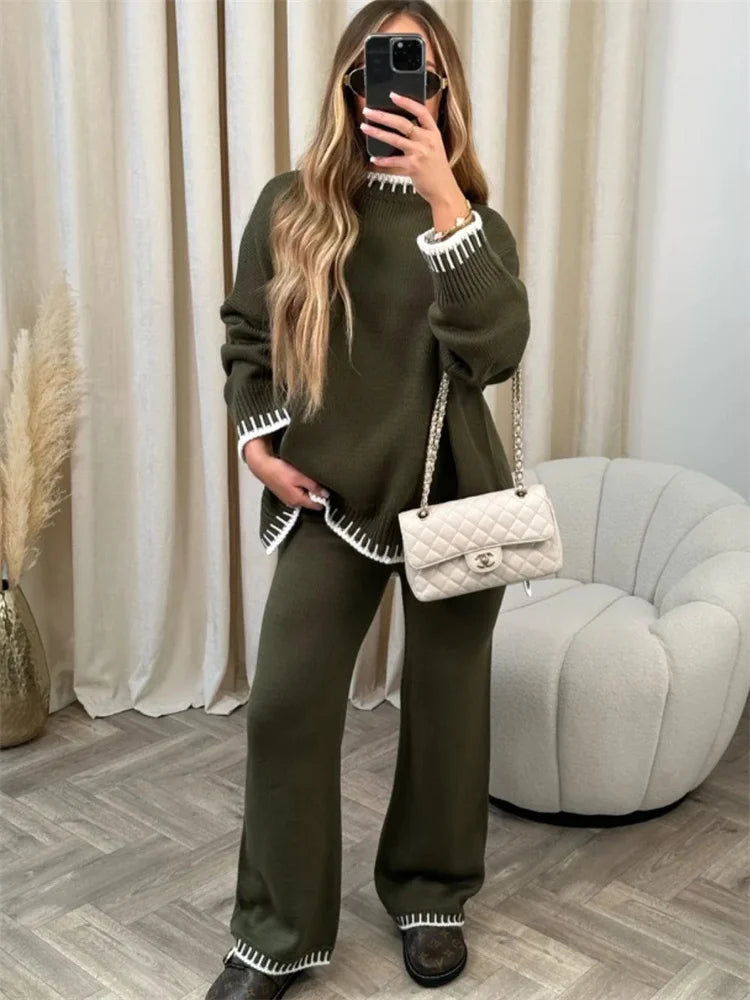 Casual Knitwear 2 Piece-Set Straight Legg Trousers Ladies Contrast Sweater Long Sleeve Pullover Outfits Women's Pants Sets