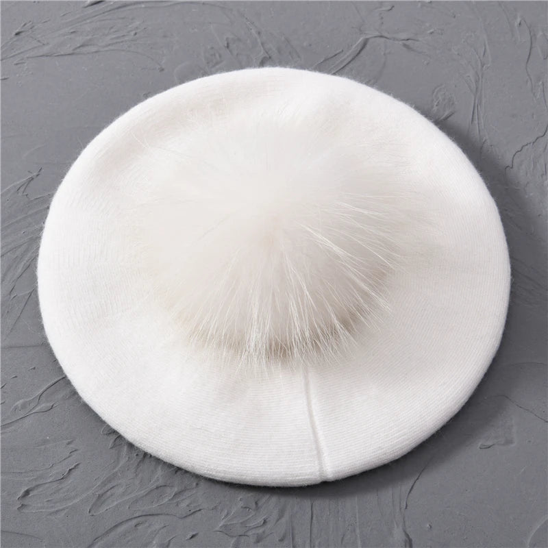 Jaxmonoy Winter Female Beret Women Hat Big Real Raccoon Fur Pompom Beret Wool Cashmere Natural Fur Ball Fashion Beret Cap Female