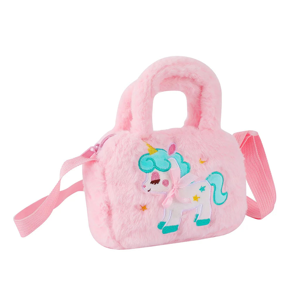 Kids Embroidery Unicorn Plush Toy Crossbody Purses Handbags Little Girls Rainbow Fluffy Purse Cute Cartoon Furry Shoulder Bag