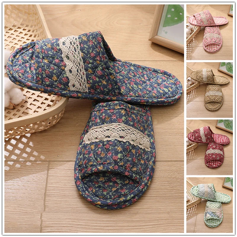 Women Indoor Cotton Slippers Japanese Floral Bedroom Carpet Slippers Soft Toe Sole Slippers Non-Slip Home Bedroom Slippers