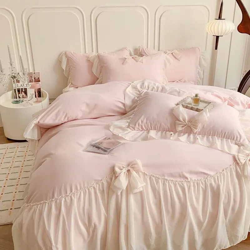 French Princess Style Bedding Sets Ruffle Lace Bow Quilt Cover Romantic Bedclothes Decor Woman Girls Bedroom Duvet Cover 4pcs