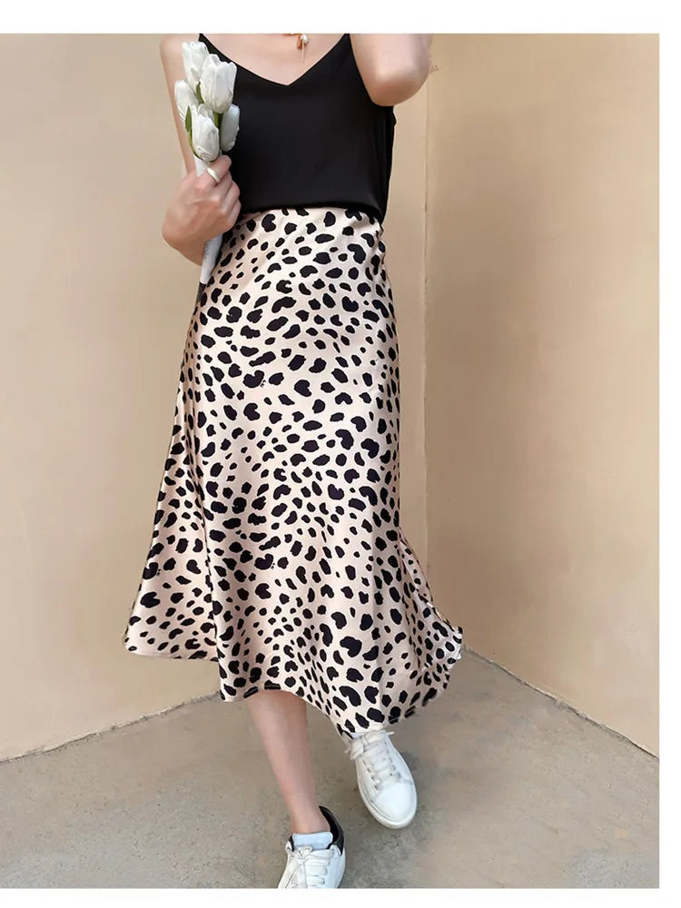 2023 Summer Leopard Print Skirt Women A-line High Waist Slik Satin Skirt Midi Elegant Vintage Long Skirt for Women