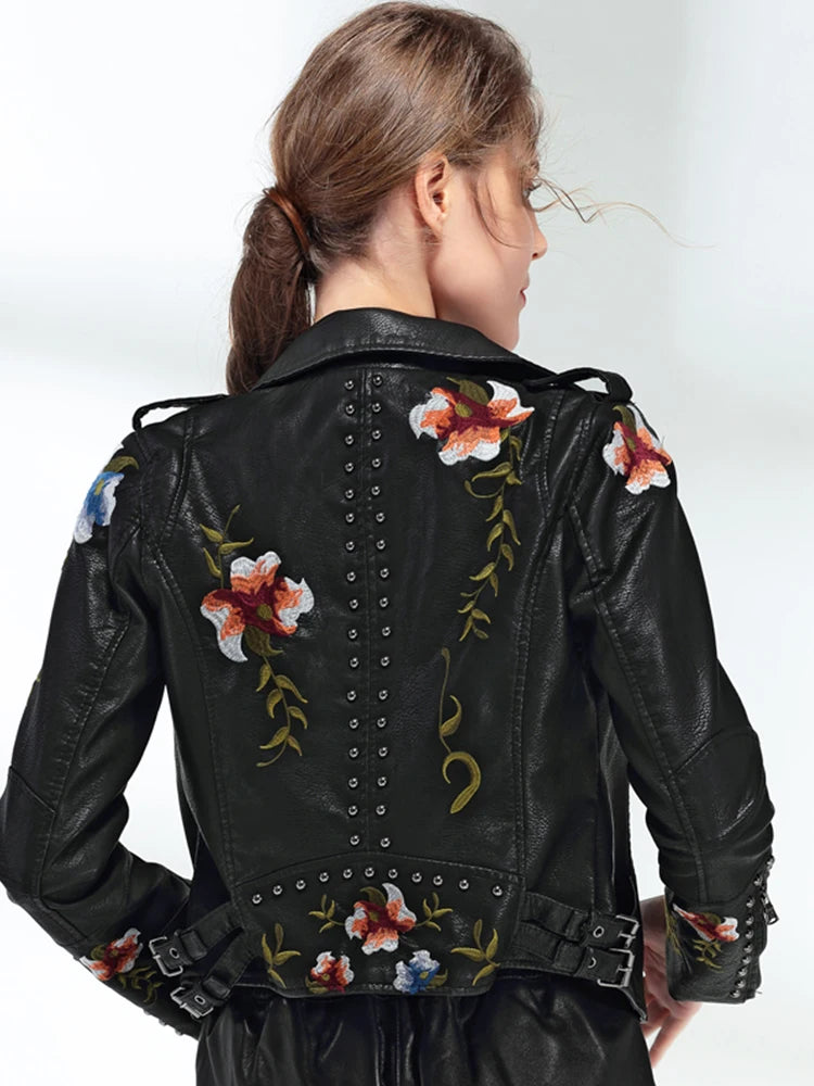 Women Floral Print Embroidery Faux Soft Leather Jacket Coat  Turn-down Collar Casual Pu Motorcycle Black Punk Outerwear