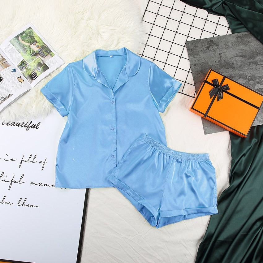 Solid Satin Sleepwear Silk Pajamas Set Top And Shorts Two Piece Set Pyjamas Women Pajama Short Sleeve Home Suit Casual
