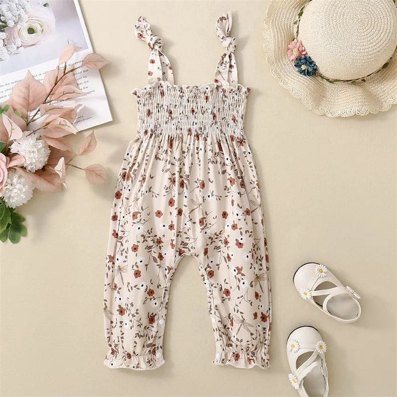 0-24M Baby Girls Floral Jumpsuits Tie-up Suspender Pants Overalls Infant Romper Toddler Summer Clothes 2024 New