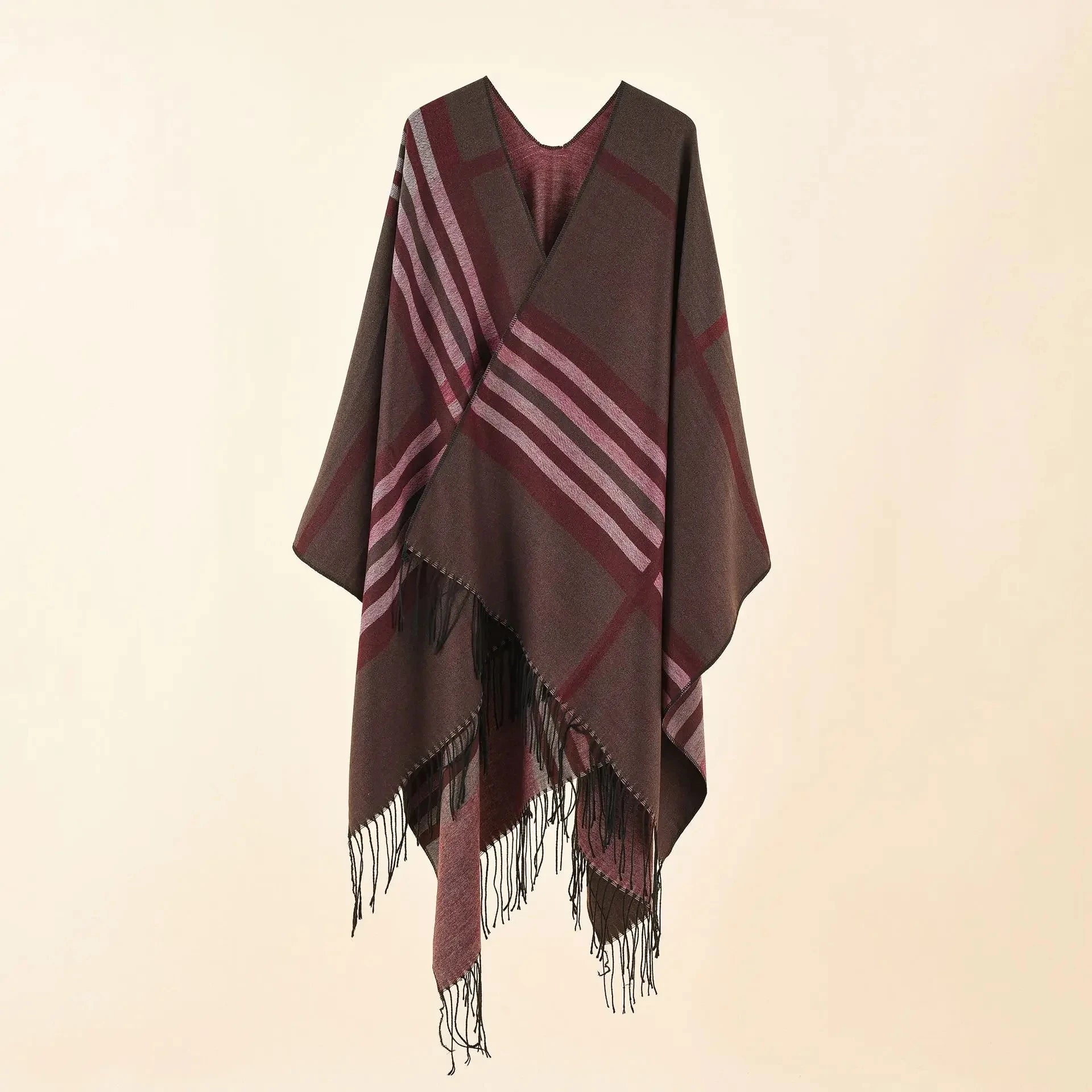 2024 Autumn Winter New Large Plaid Stripe Pattern Imitation Cashmere Warm Casual Women Shawl Tassels Poncho Capes Coat Coffee