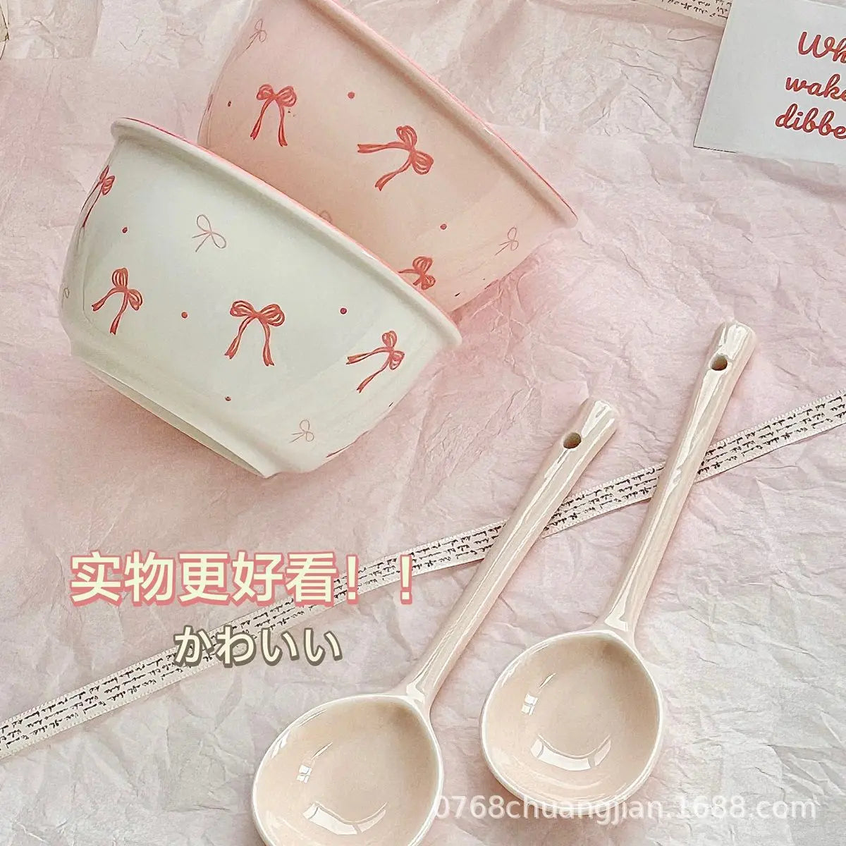 Aesthetic Bow Design Ceramic Tableware Set - Ruffled Edge Bowls & Plates with Underglaze Color Dessert Set Cute Dinnerware