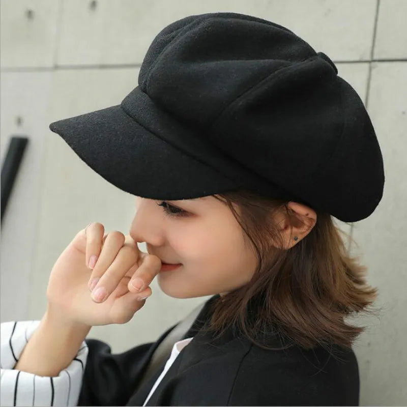 Fashion wild wool Women Beret Autumn Winter Octagonal Cap Hats Stylish Artist Painter Newsboy Caps Black Grey Beret Hats gorras