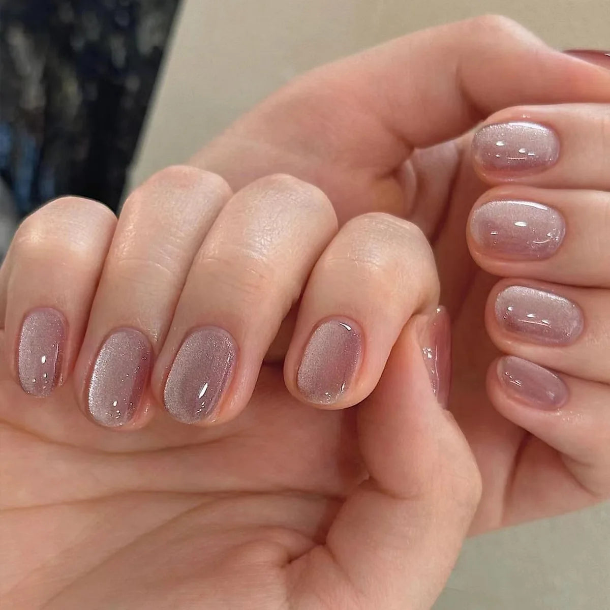 Nude Pink Glitter Cat Eye Nail Art Wearable Solid Color Fake Nails Detachable Finished False Nails Press on Nails with Glue