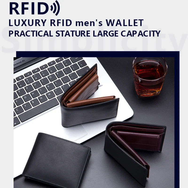 Genuine Cowhide Leather Men Short Wallet RFID Blocking Card Holder Coin Pocket Purse Best Gift for Boyfriend Husband Father