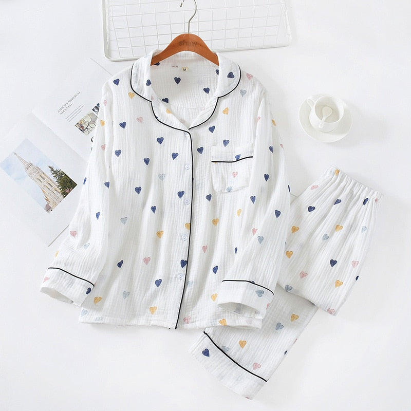 Spring New Ladies Pajamas Set Heart Printed Crepe Cotton Double-layer Gauze Turn-down Collar Long-sleeve Trousers Household Wear