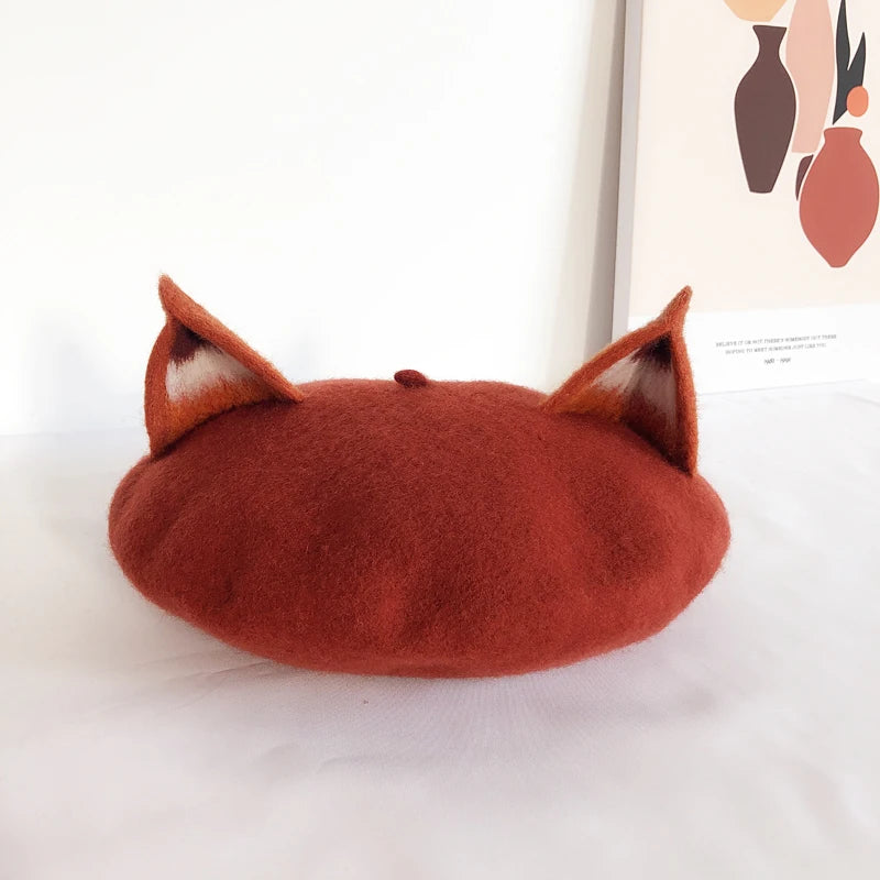 Women Winter Nick Fox Ear Beret Handmade Adult Size Hat Vintage Painter Wool Cap Gift High Quality Wholesale