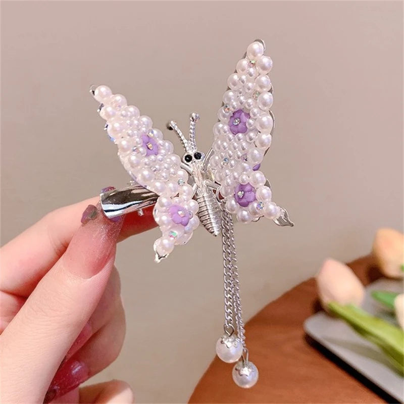 2022 New Butterfly Pearl Tassel Hairpin Korean Simple Side Clip Liu Haibian Clip Shark Hairpin Hair Accessories Women