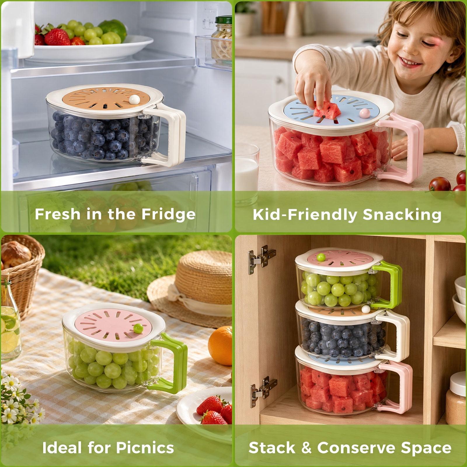 Fruit Vegetable Washing Bowl with Strainer, Multifunctional Berry Lettuce Keeper for Fridge, Portable Colander with Lid for Kitchen(Blue-Pink)