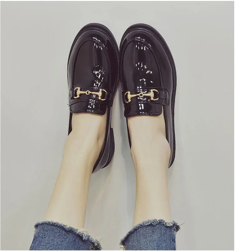 Withered British style retro fashion elegant buckle patent leather solid hedging loafers women shoes women flat shoes women