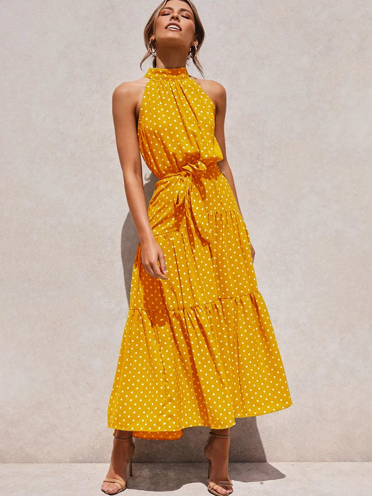 Summer Long Dress Polka Dot Casual Dresses Black Sexy Halter Strapless New 2025 Yellow Sundress Vacation Clothes For Women