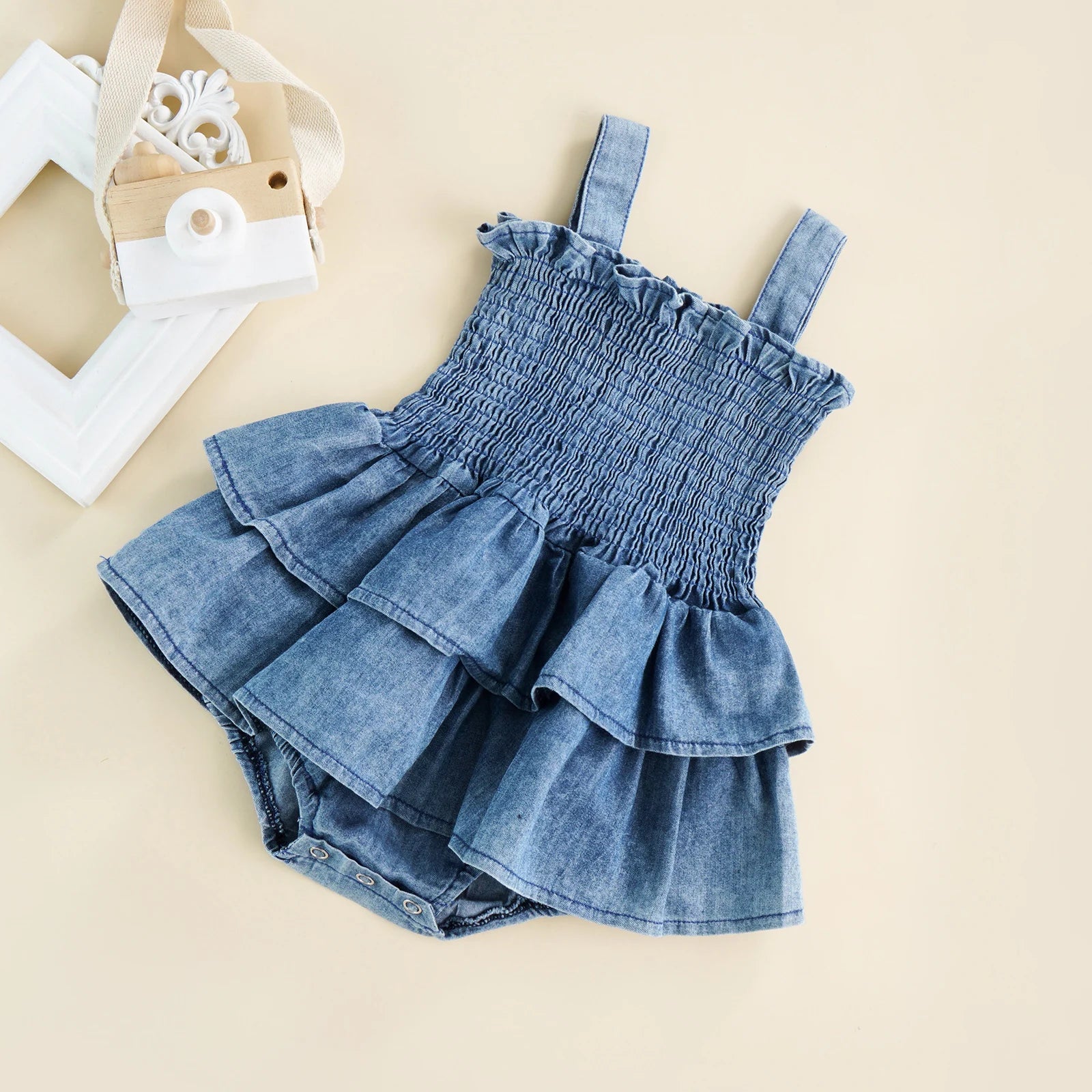 Infant Baby Girl Romper Sleeveless Suspender Pleated Design Ruffle Hem Bottom Snap Button Cute Jumpsuit