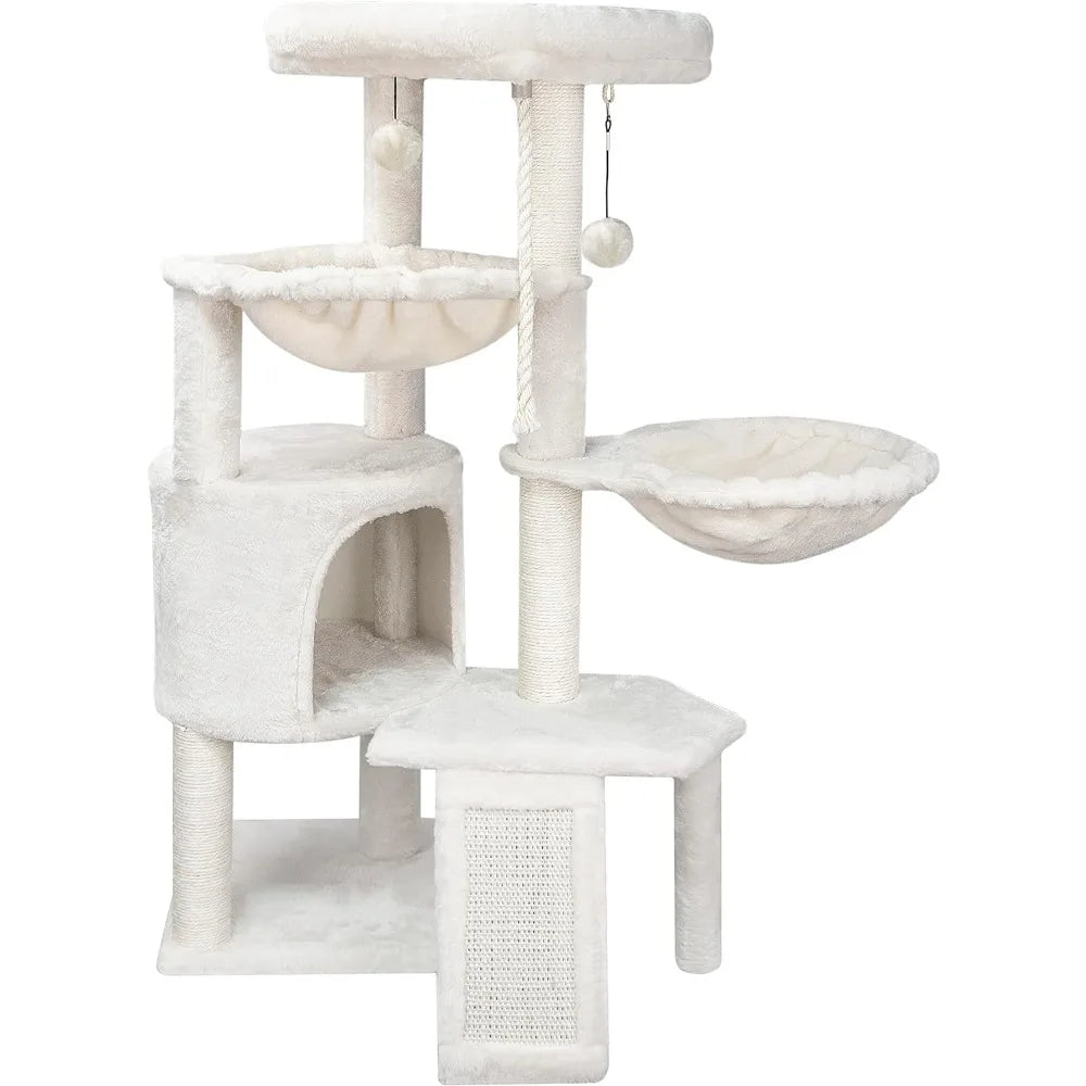 Three Layer Cat Tree with Cat Condo Scratch Pad and Two Hammocks,Beige