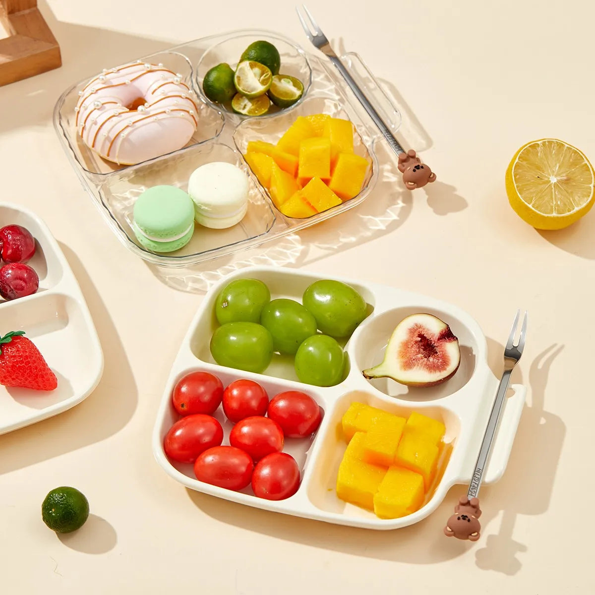 4-Compartment Cute Children Food Plate Dishes Reusable Plastic Snack Dessert Salad Plate Fruit Tray Tableware Dishwasher Safe