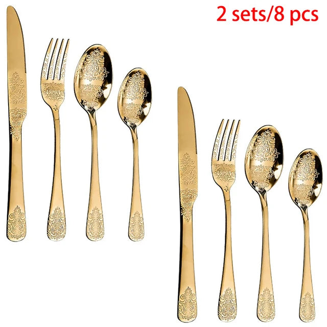 &Gold Luxury Cutlery Sets Fork Spoons Knife Silverware Kit Vintage Carved Tableware Set European Dinnerware For Home Kitchen